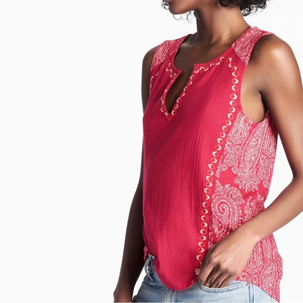 Lucky Brand Embroidered Woven Mix Tank Blouse Womens Size M - Picture 1 of 13